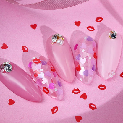 Holographic heart nail flakes displayed for nail art designs