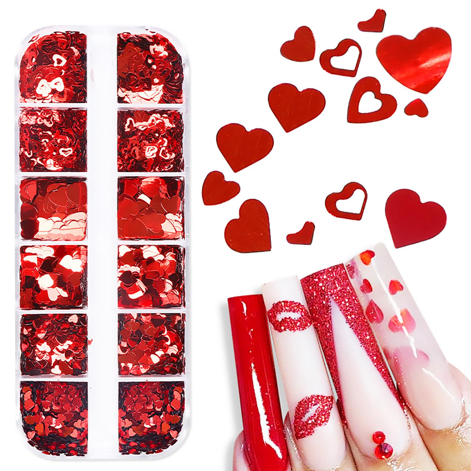 Close up of 3D red heart nail art sequins in a grid case
