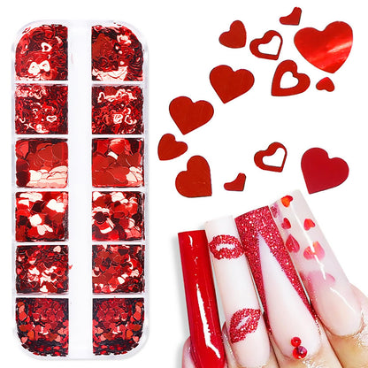 Close up of 3D red heart nail art sequins in a grid case