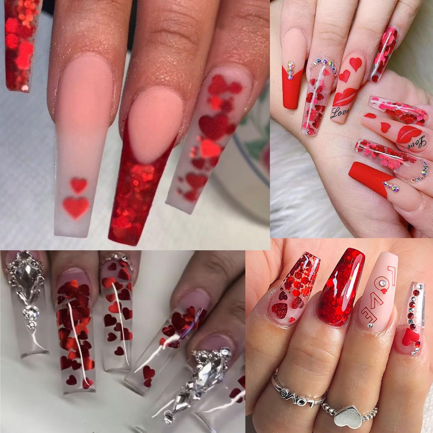 Holographic heart nail decorations applied on acrylic nails