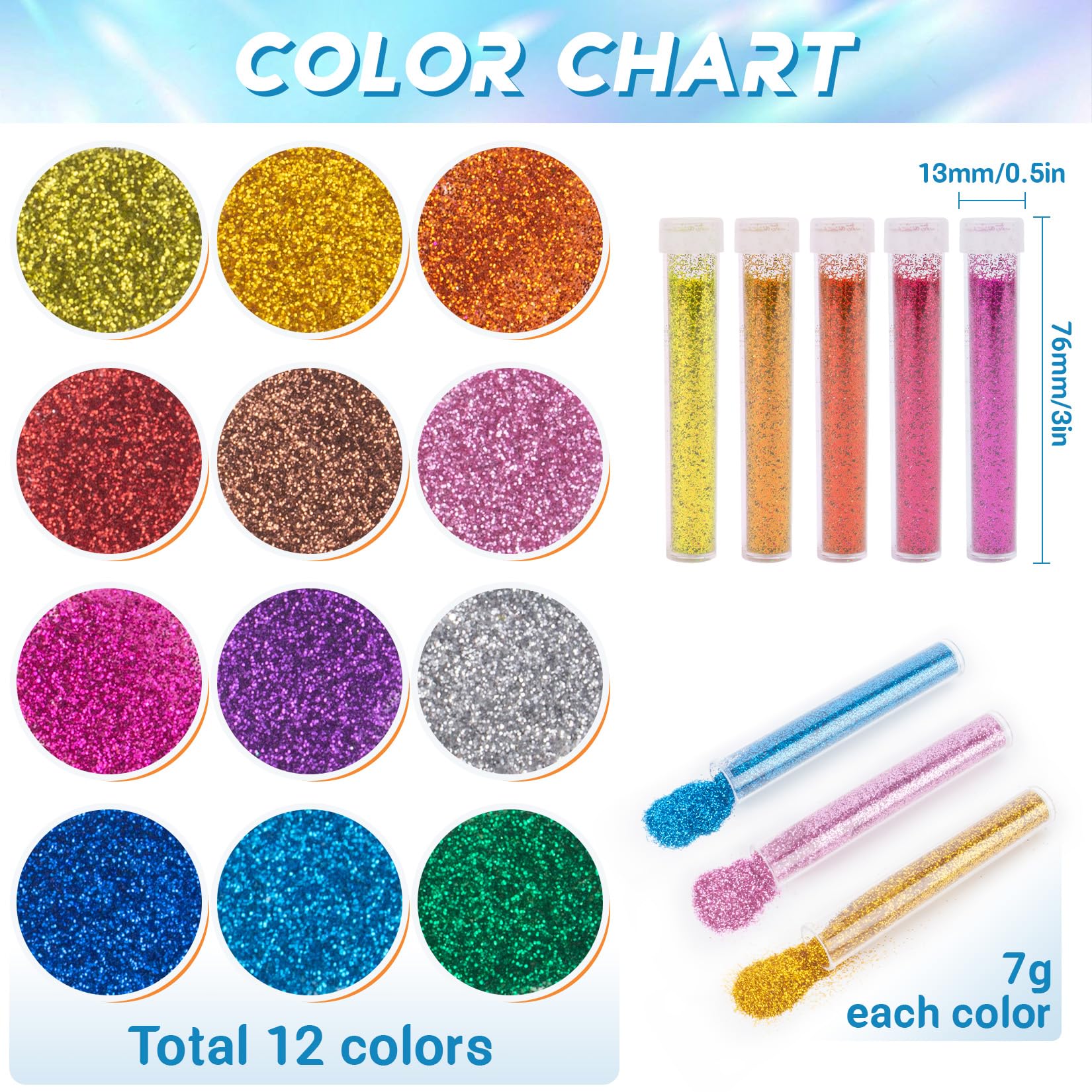 Twelve vibrant colors of Maqihan craft glitter bottles