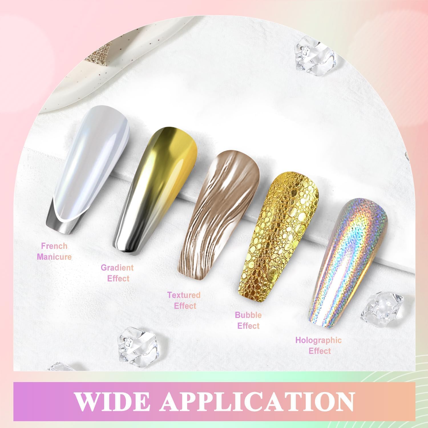 Close up of iridescent holographic chrome nail art effect