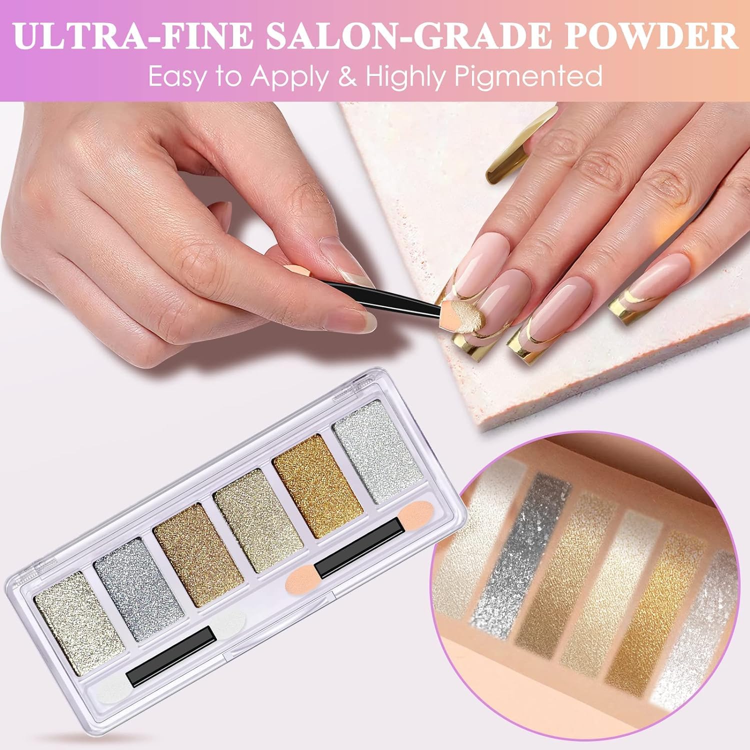 Hand showing mirror effect nail art using chrome powder