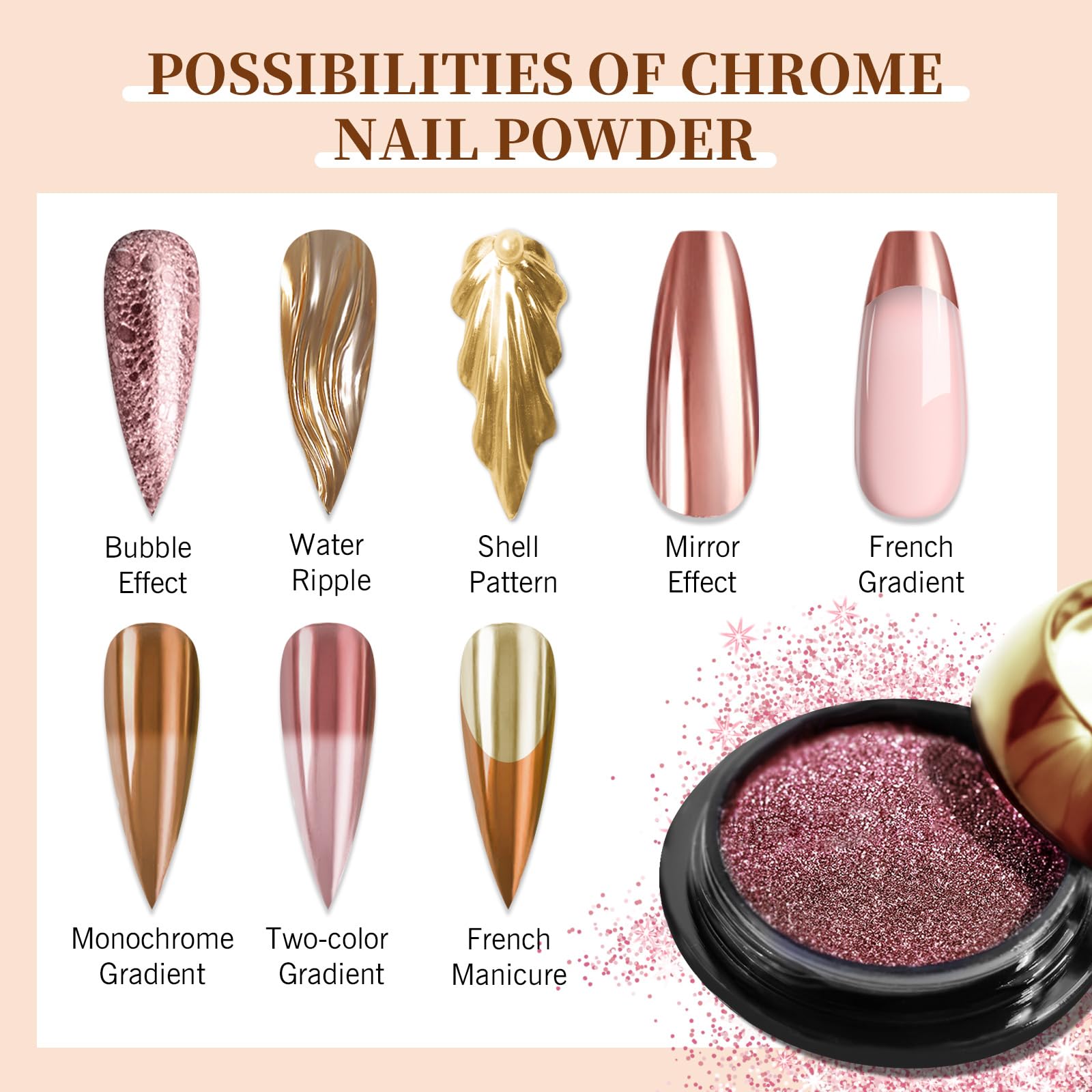 Saviland metallic gold and rose gold chrome pigments in jars