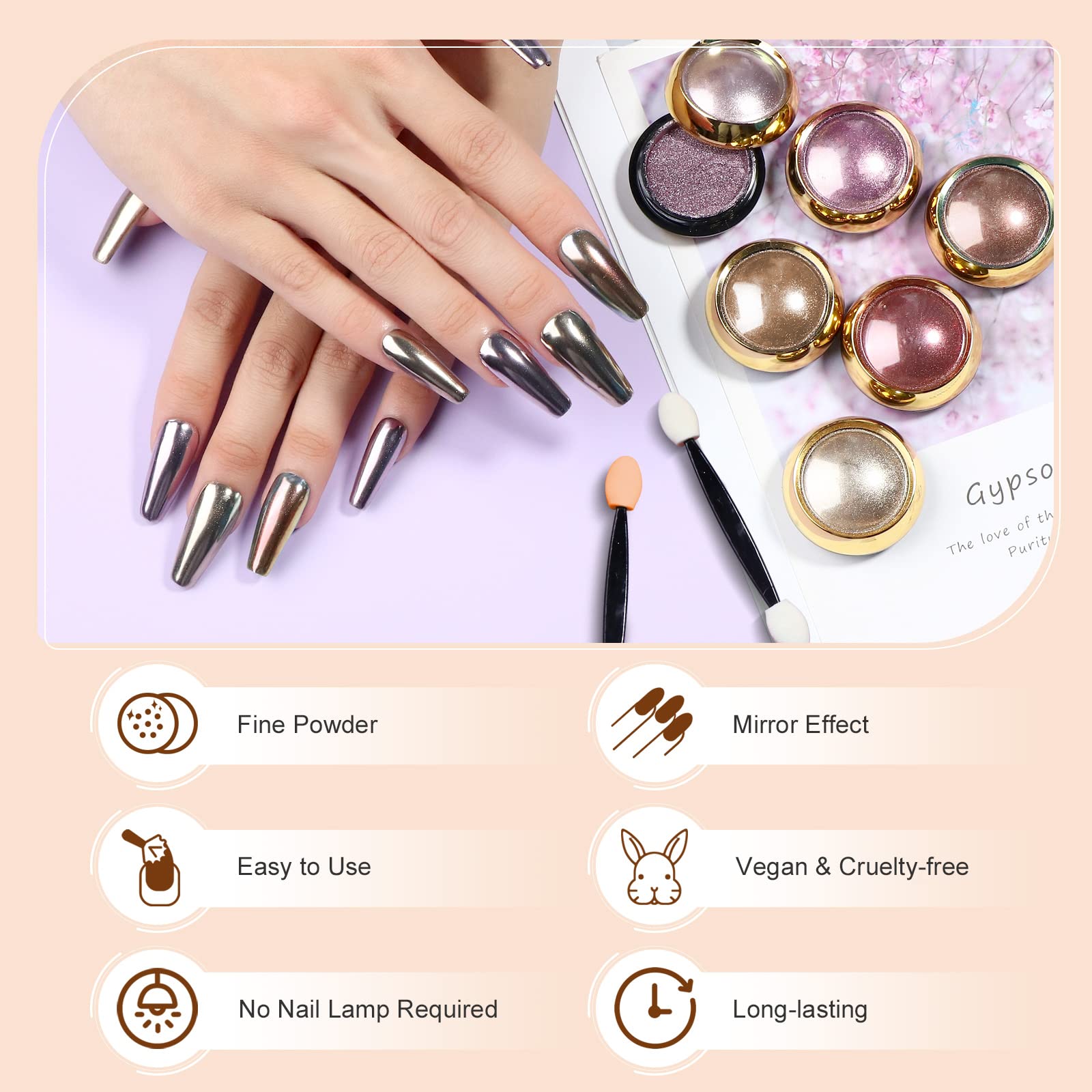 Close up of mirror effect finish on nails using Saviland powder