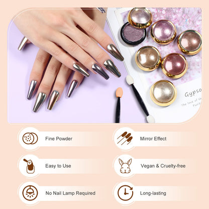 Close up of mirror effect finish on nails using Saviland powder