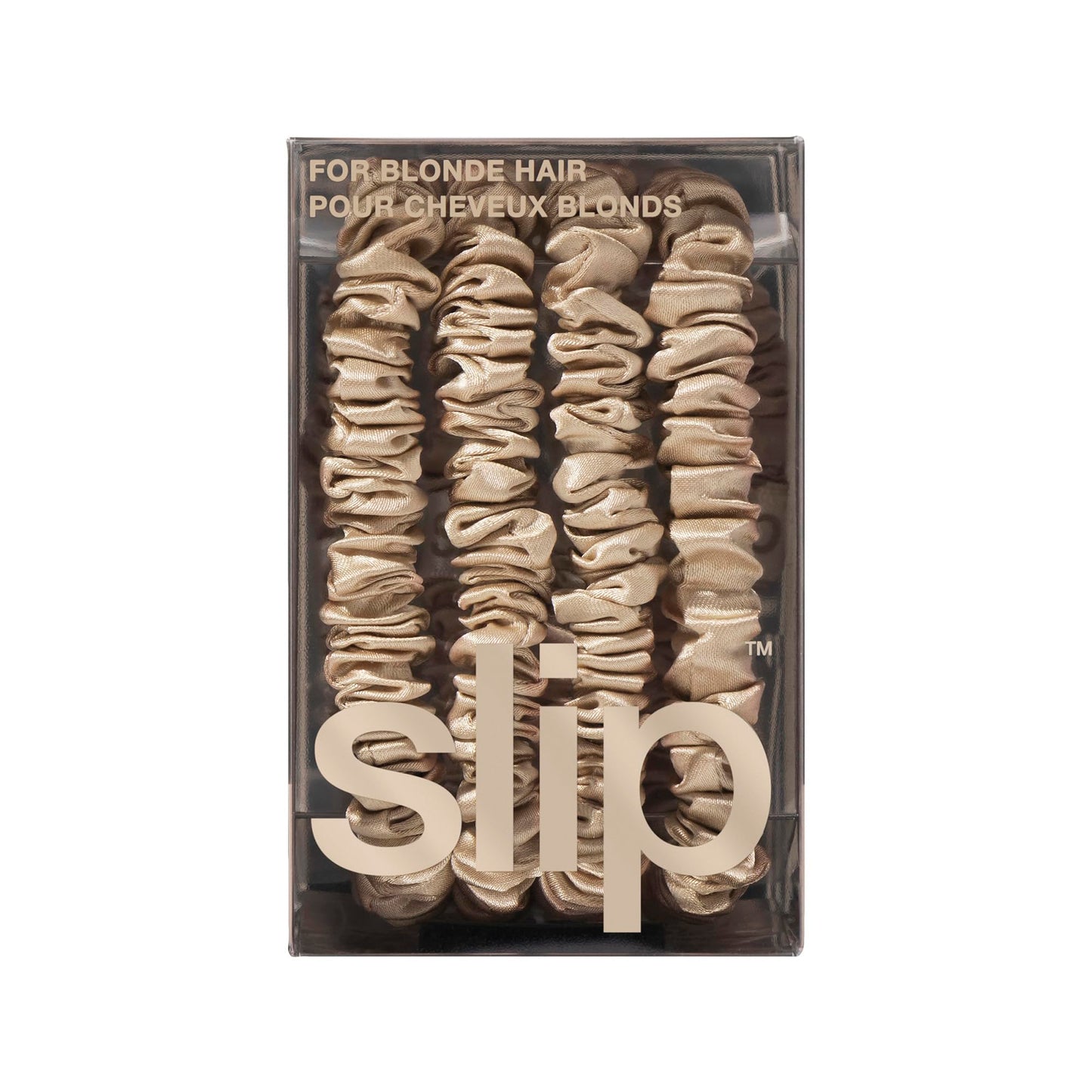 Slip silk skinny scrunchies lifestyle angle highlighting durable elastic interior wrapped in silk.