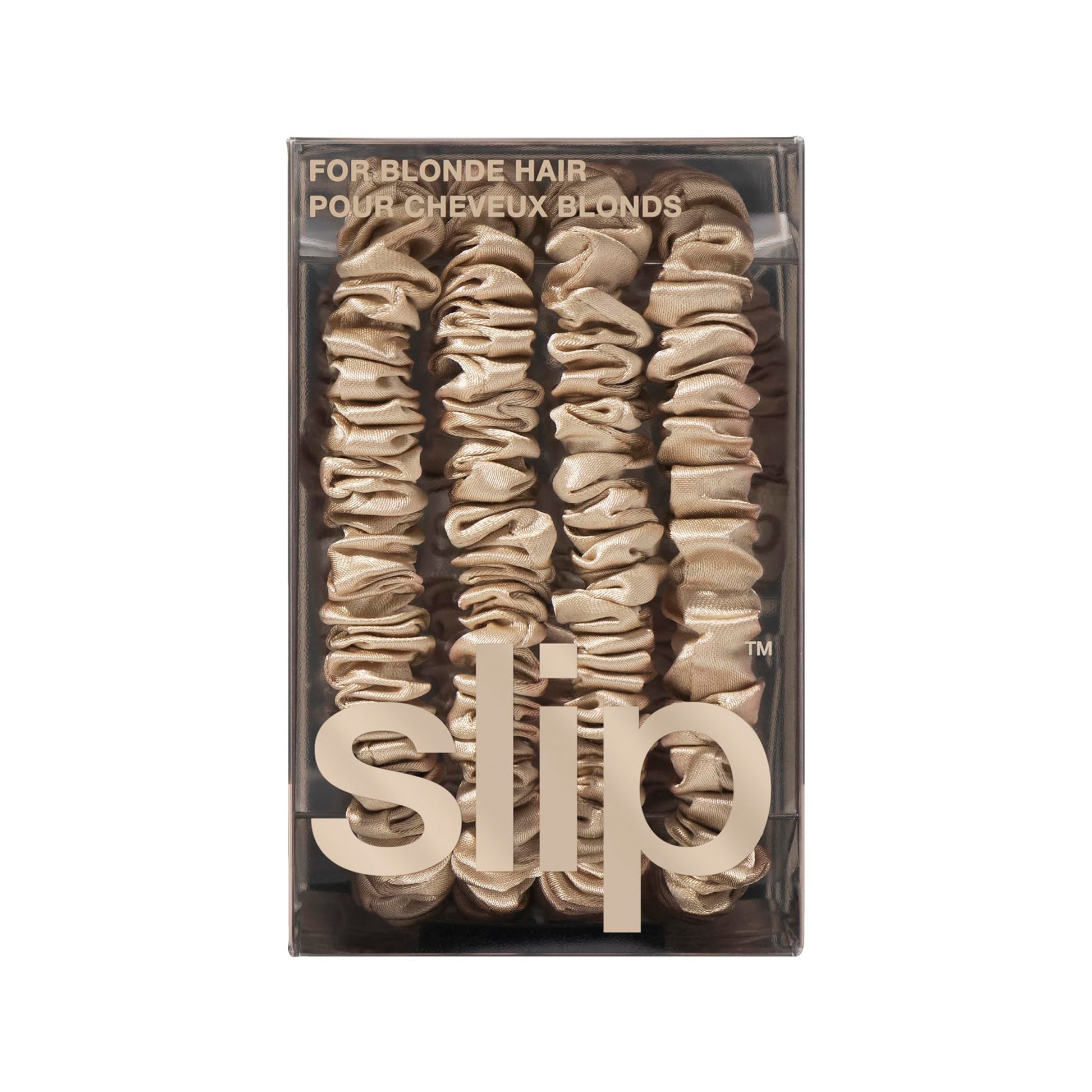 Slip silk skinny scrunchies lifestyle angle highlighting durable elastic interior wrapped in silk.