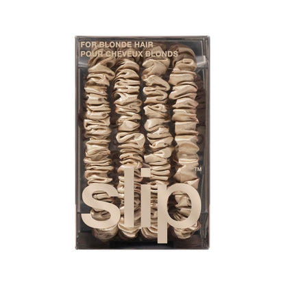 Slip silk skinny scrunchies lifestyle angle highlighting durable elastic interior wrapped in silk.