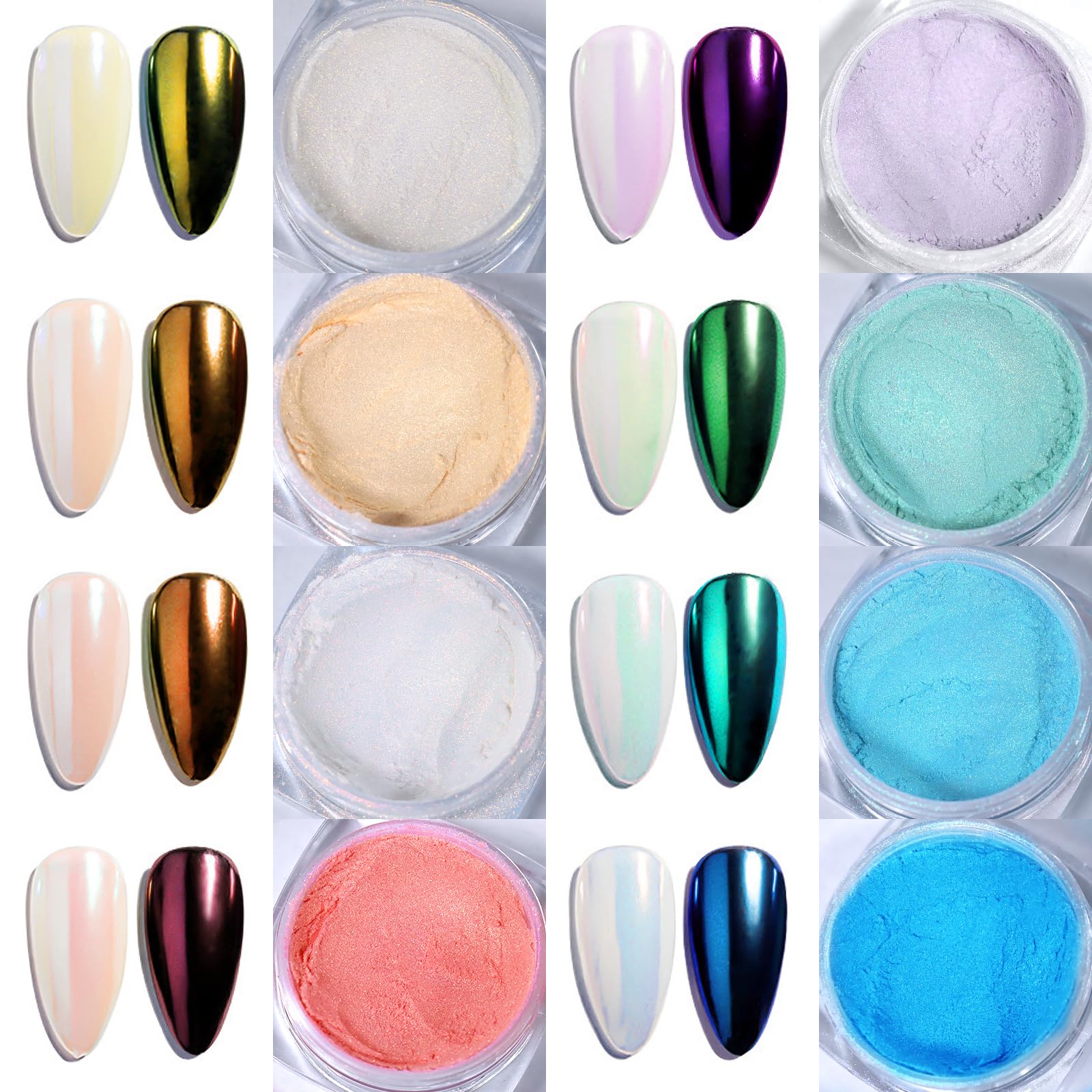 Close up of 8 vibrant metallic mirror effect nail pigment jars.