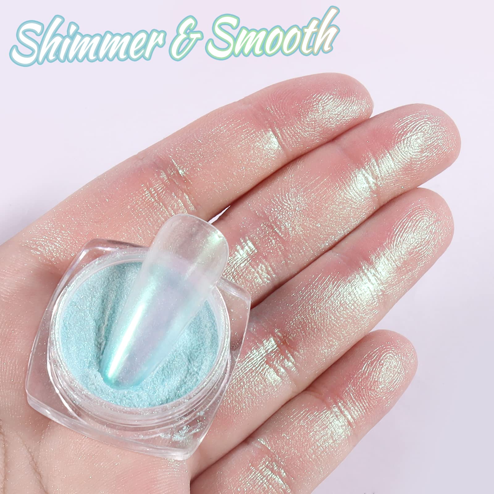 Demonstration of iridescent aurora nail art effect on gel nails.