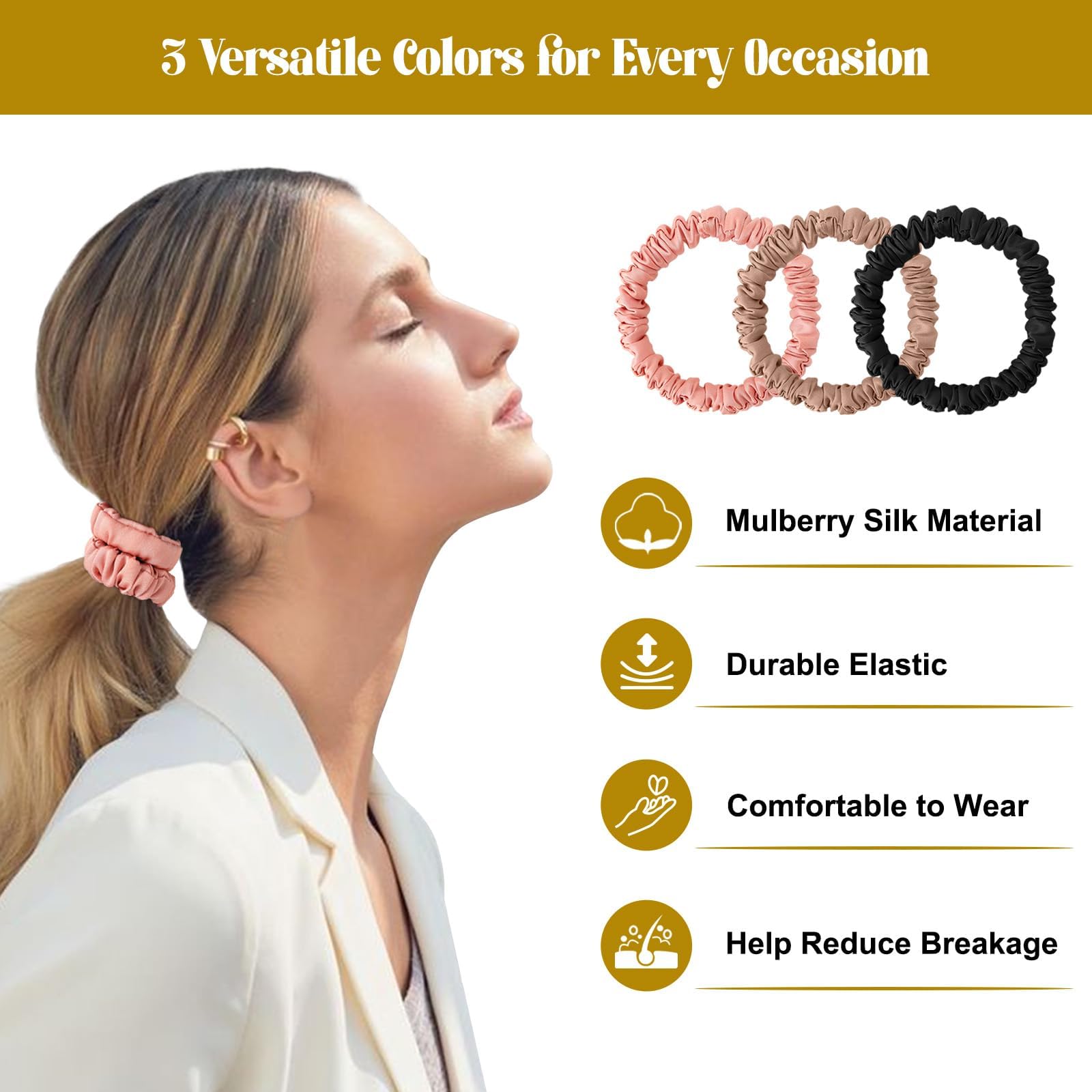 Six pieces of skinny silk sleep scrunchies arranged in a premium color palette.