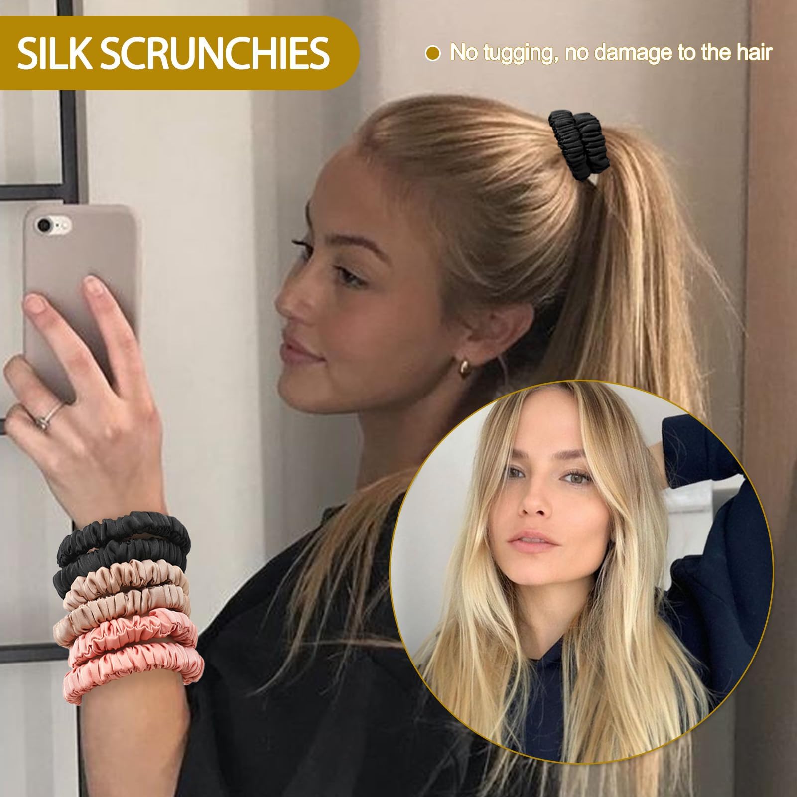 Skinny mulberry silk hair ties highlighting the seamless stitching and fine fabric quality.