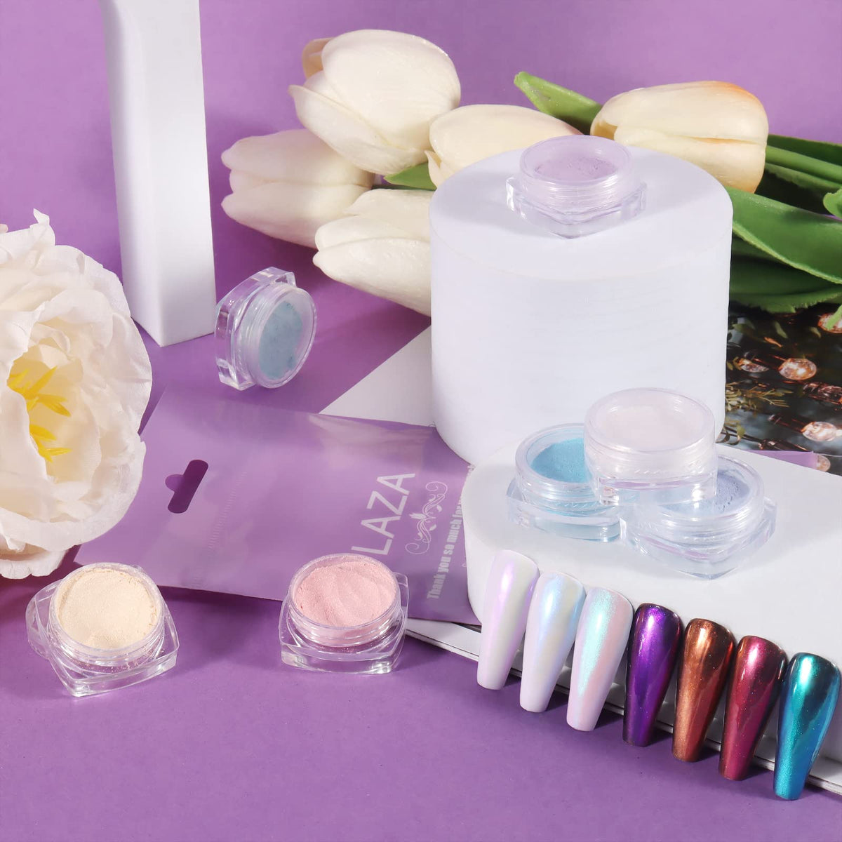 Laza Mermaid Pearl Chrome Nail Powder full kit contents layout