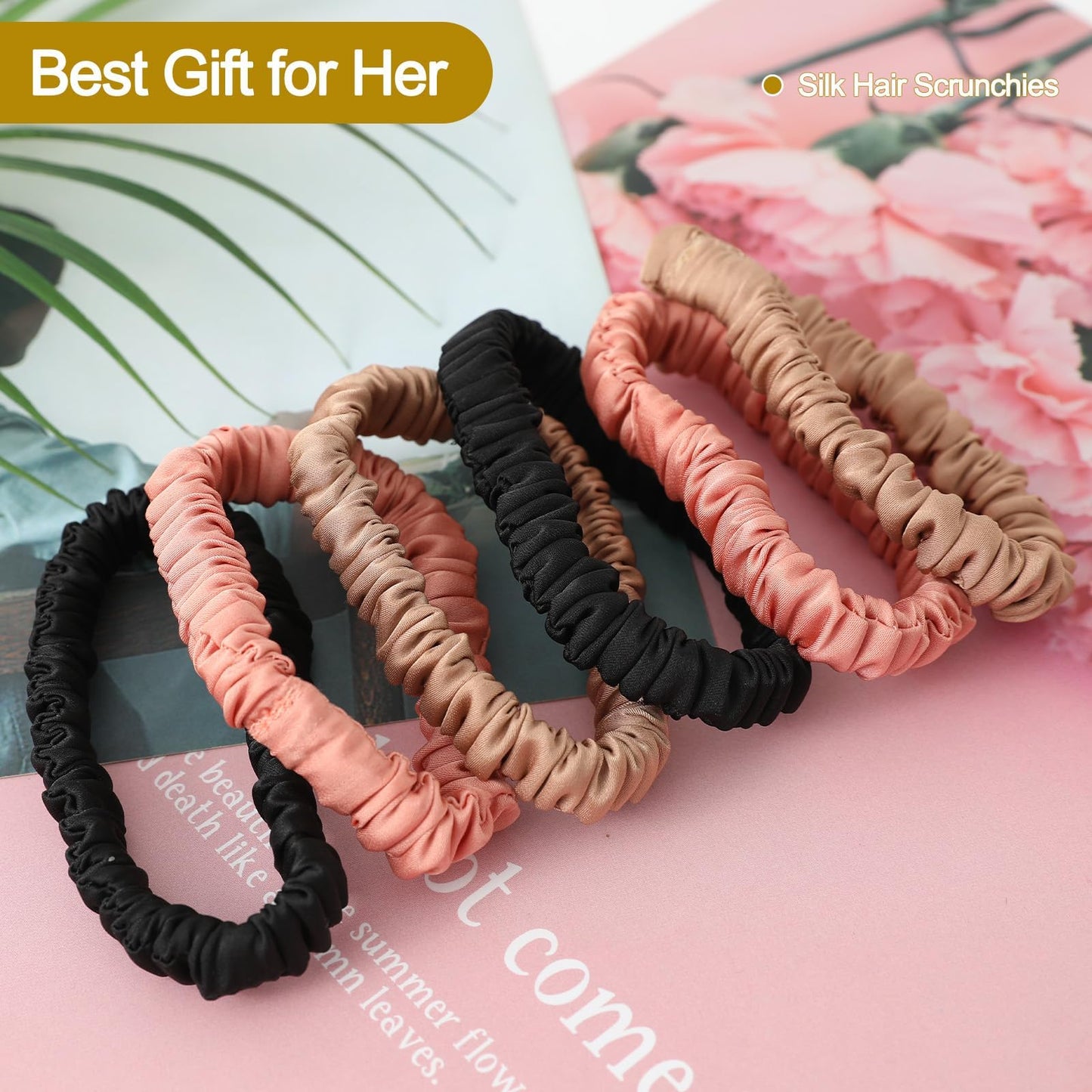 Packaging collection of the authentic imported six-pack silk ponytail holders for women.