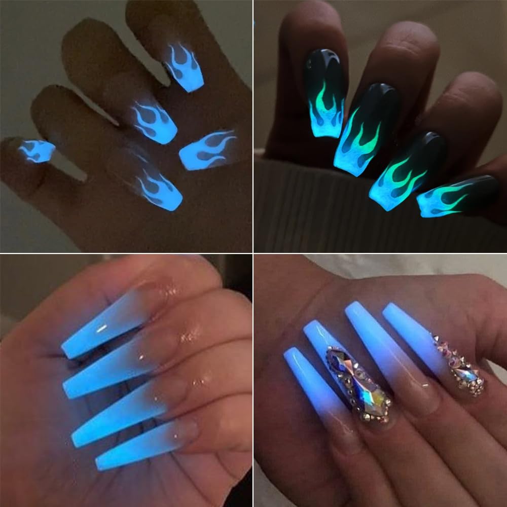 Dudustrong glow in the dark powder applied to manicure samples