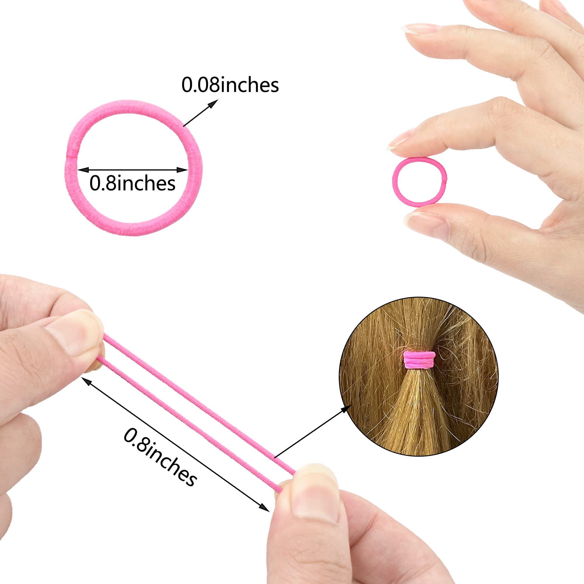 Close-up view of a single two-centimeter small finger size colorful toddler hair elastic being stretched to demonstrate flexibility.