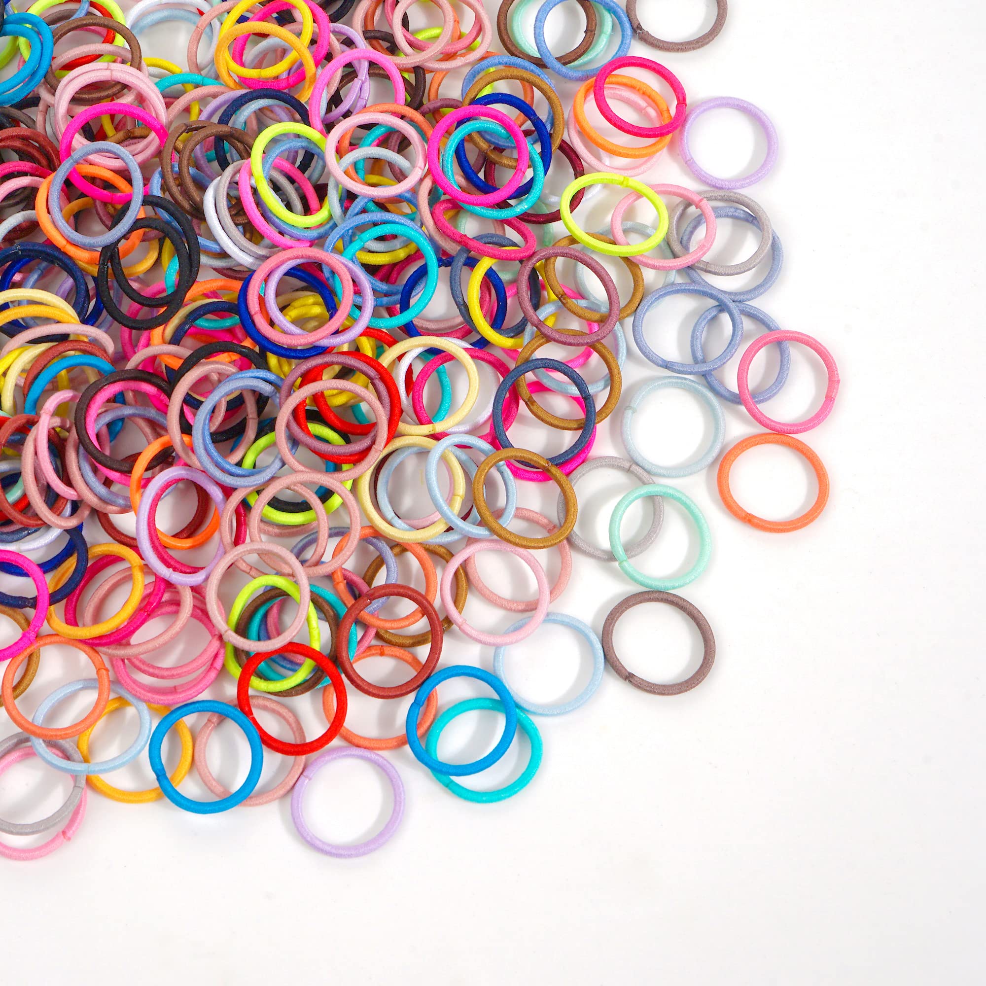 The complete package of three hundred and sixty pieces of seamless nylon spandex kids hair accessories displayed together.