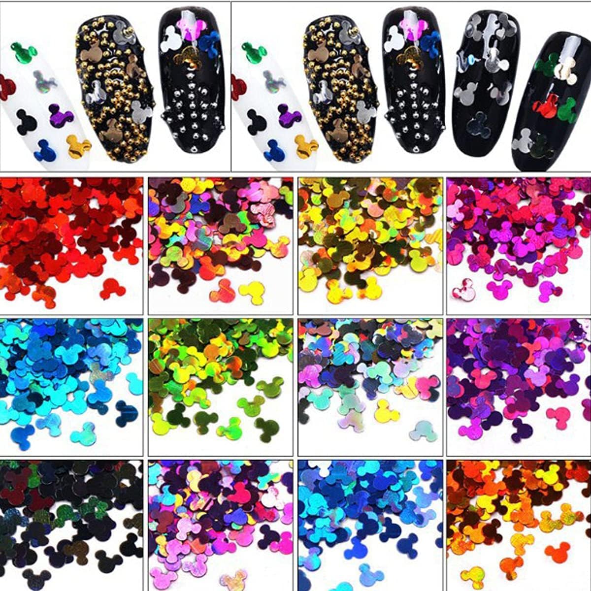 Close up of colorful Mickey Mouse shaped nail art sequins