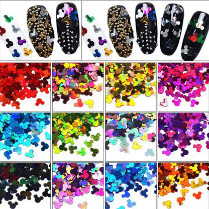 Close up of colorful Mickey Mouse shaped nail art sequins