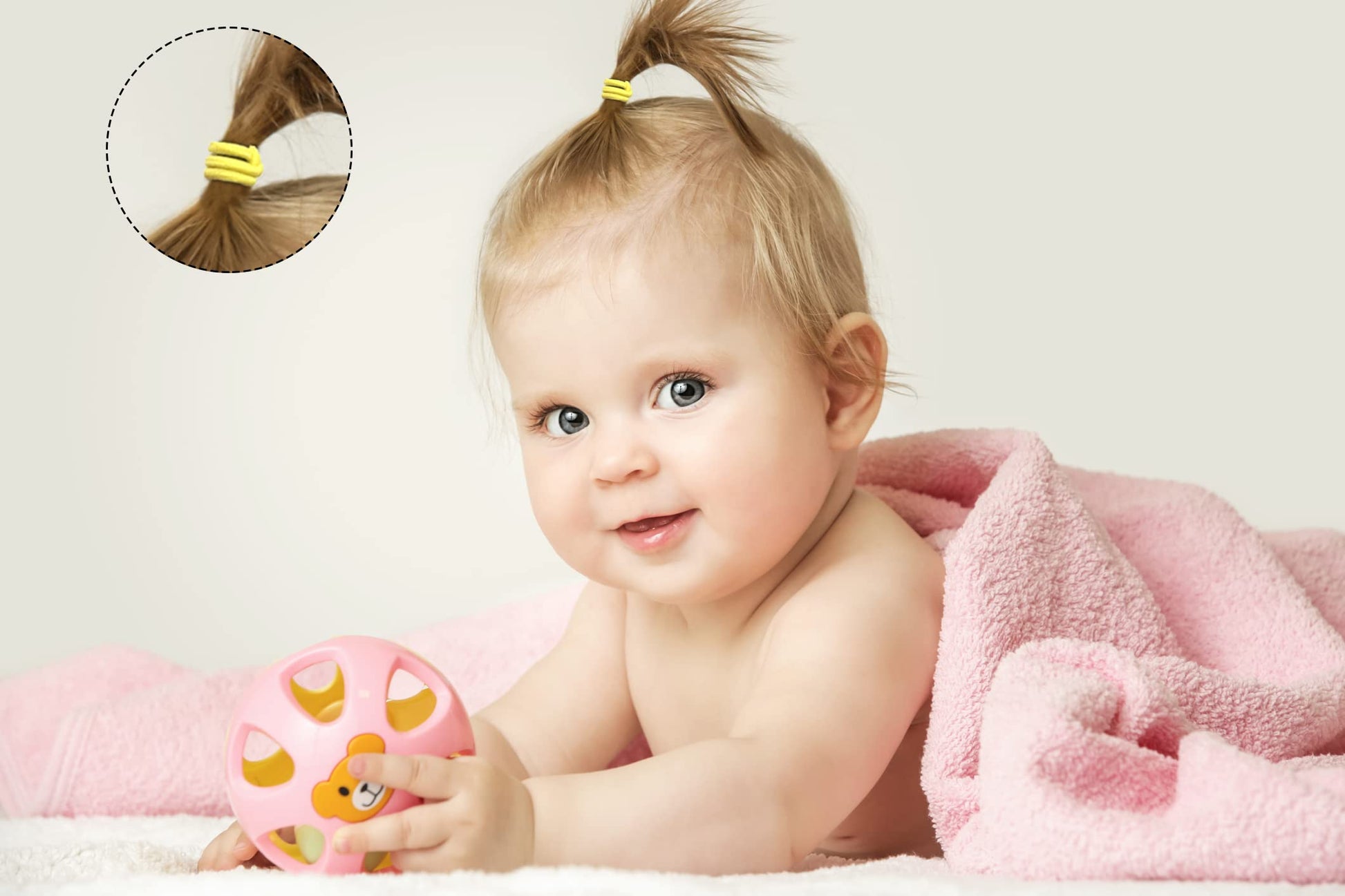 Side view of the neat sorting of the multicolored tiny no-crease hair bands suitable for fine toddler hairstyles.