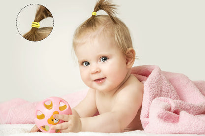 Side view of the neat sorting of the multicolored tiny no-crease hair bands suitable for fine toddler hairstyles.