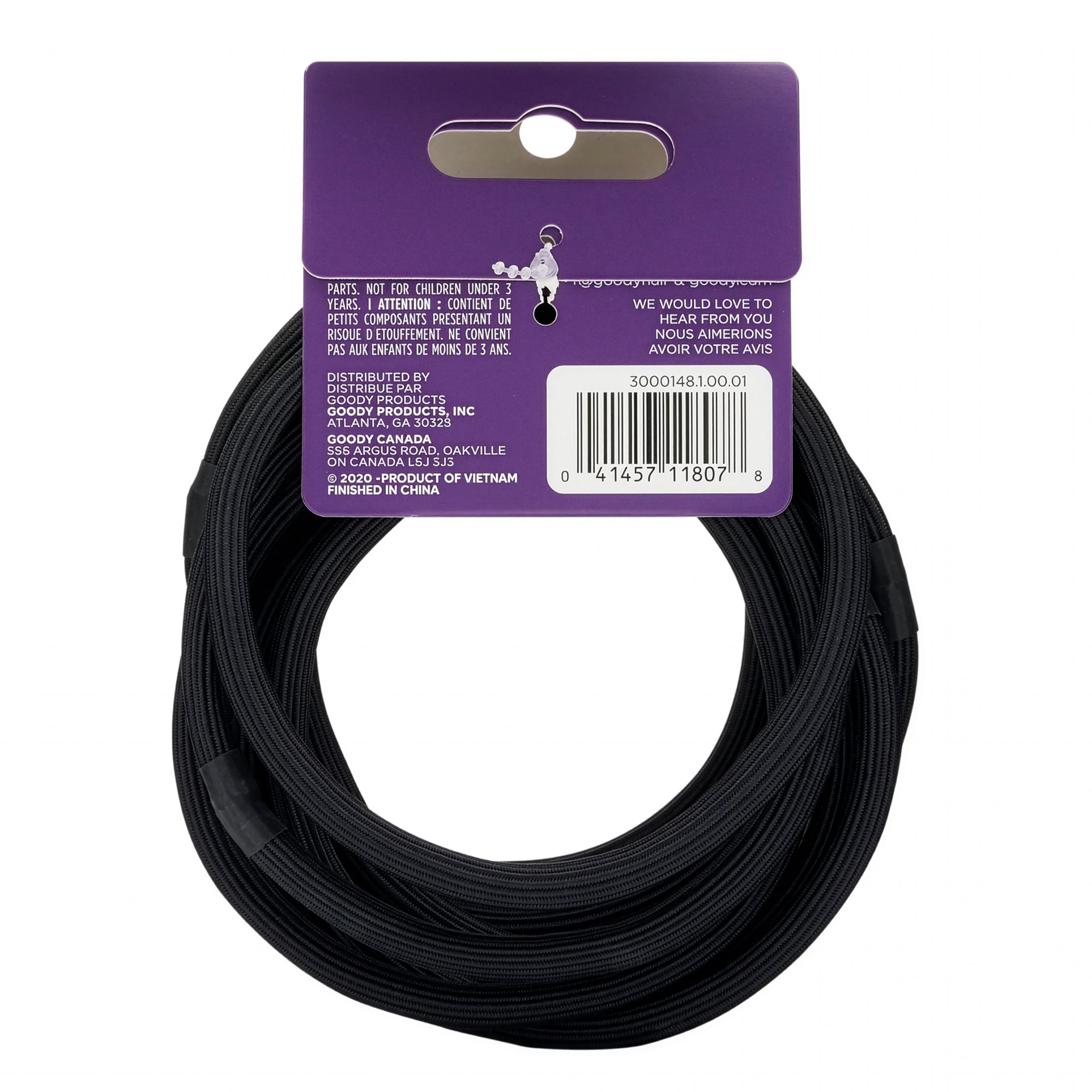 Ten count pack of imported Goody black ponytail holders on a clean background.