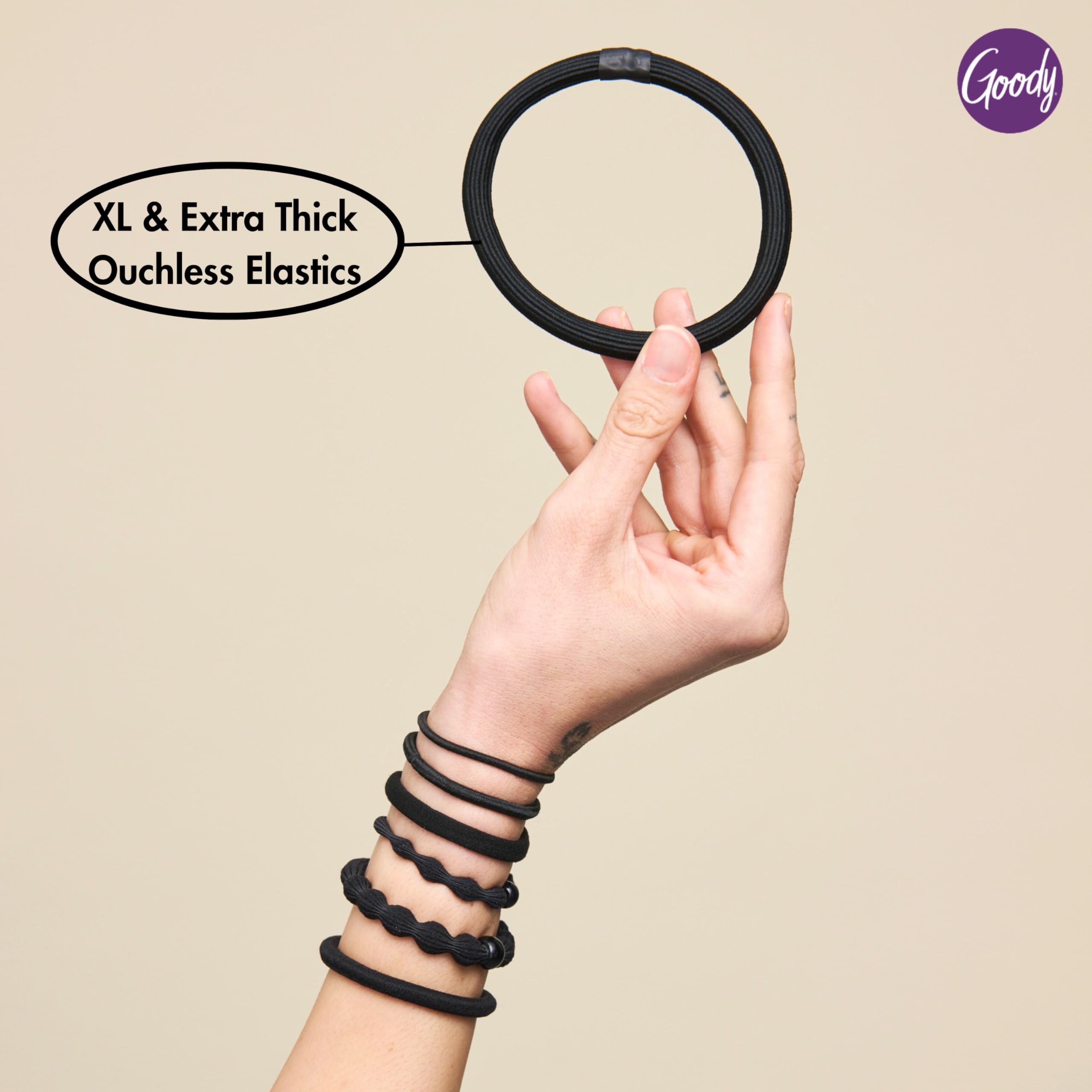 Strong hold hair elastics by Goody designed for heavy and textured high volume hairstyles.