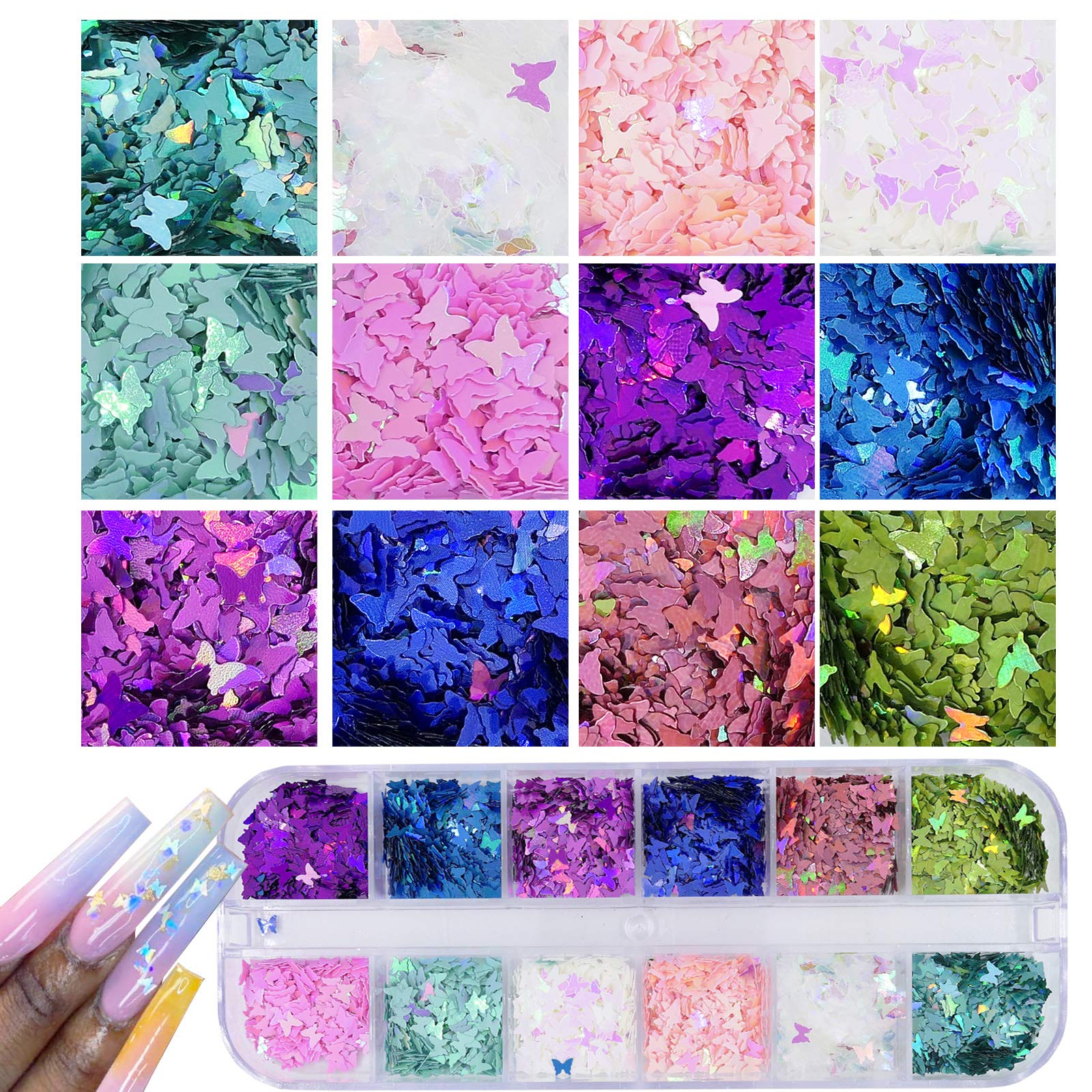 Close up of iridescent butterfly and heart nail glitter shapes