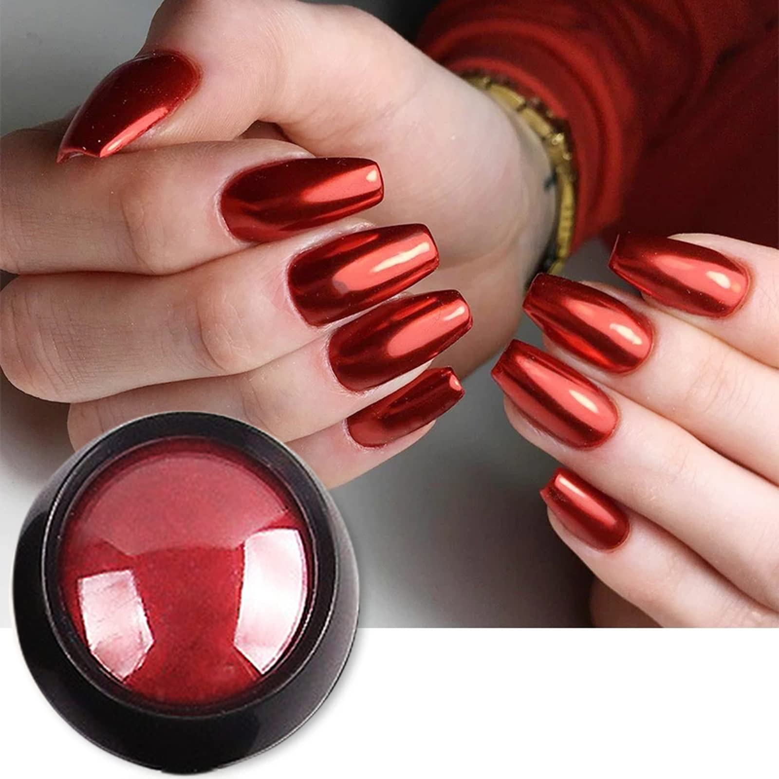 Application of red mirror chrome powder on nails