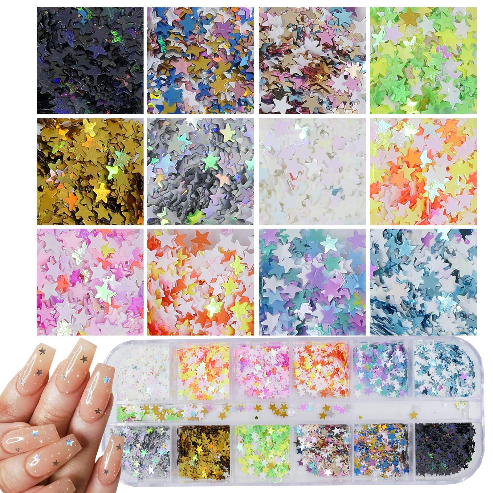 Person using tweezers to apply holographic star sequins to nail