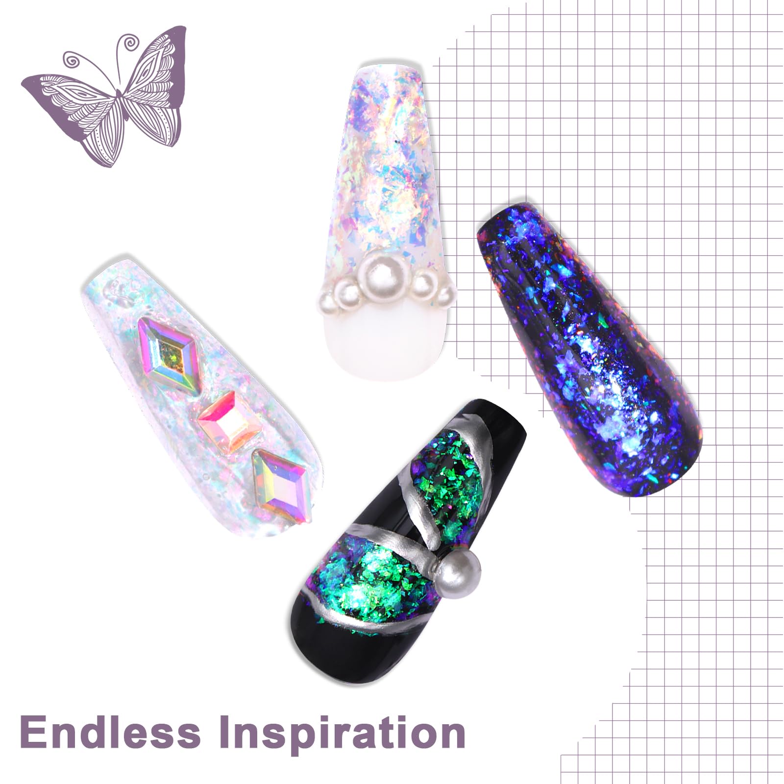 Close up of iridescent opal nail foil flakes and sponge applicator