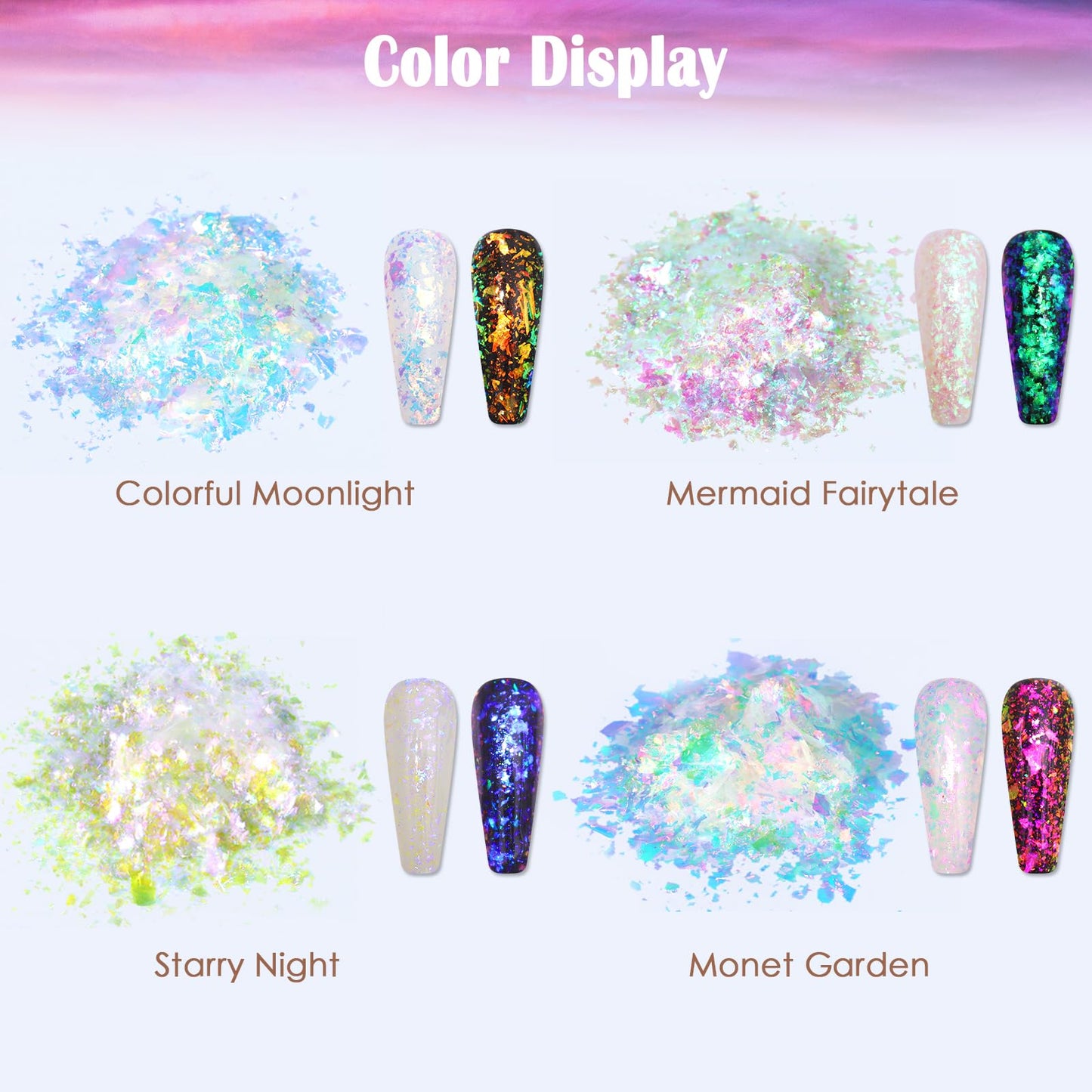 Chameleon nail flakes showing color shift effect on black base