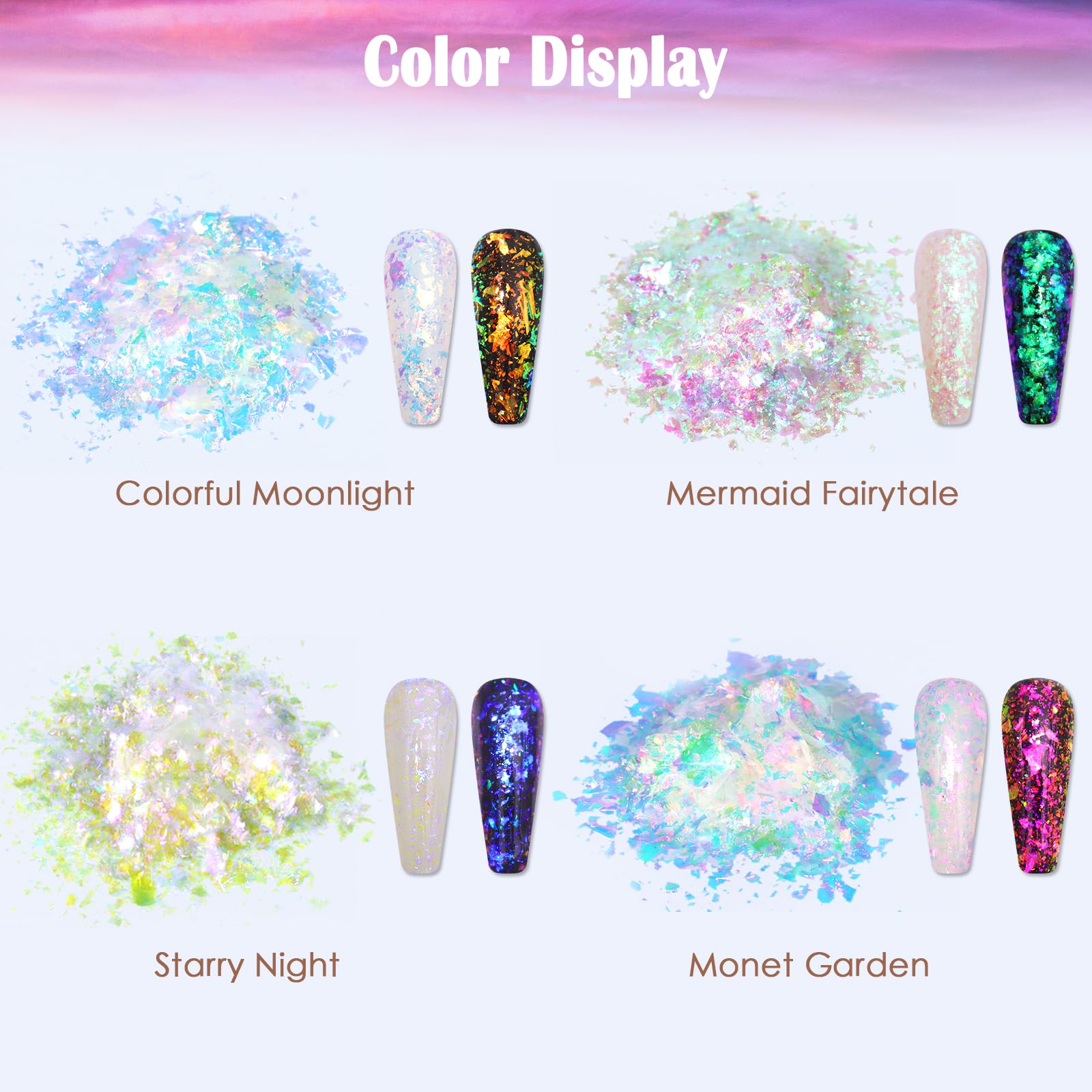 Chameleon nail flakes showing color shift effect on black base
