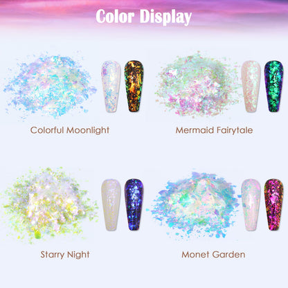 Chameleon nail flakes showing color shift effect on black base