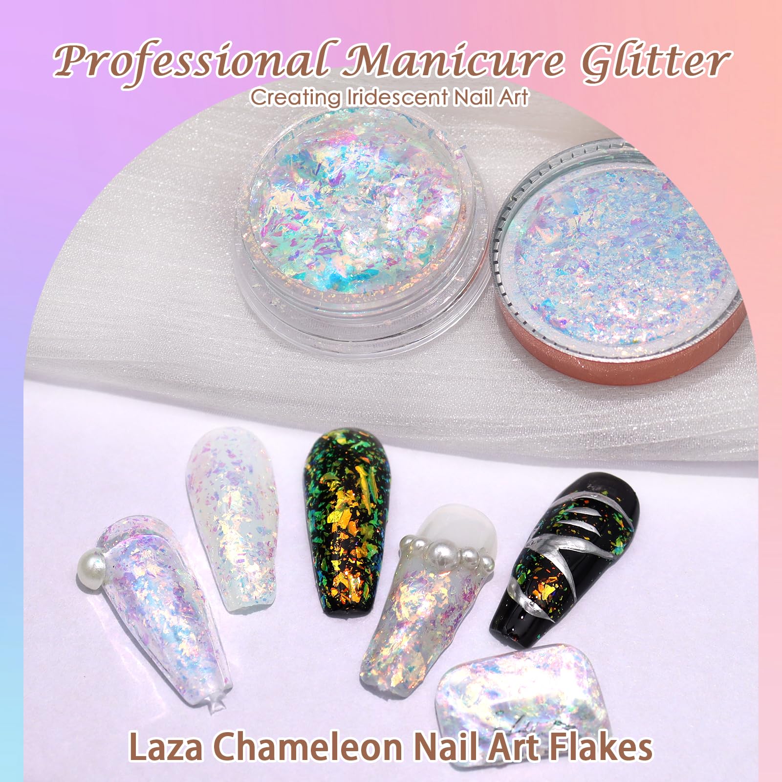 Laza nail glitter flakes applied to manicured fingernails