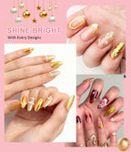Swatch display showing the mirror shine metallic finish on artificial nails.