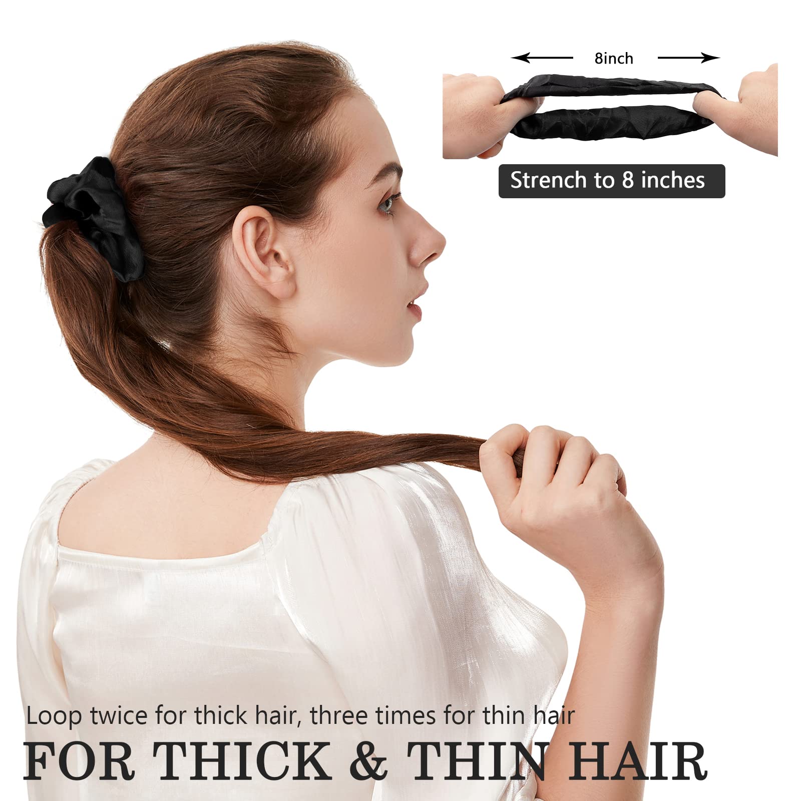ADRIONE elastic hair tie being stretched to show durability and flexibility for thick hair styling