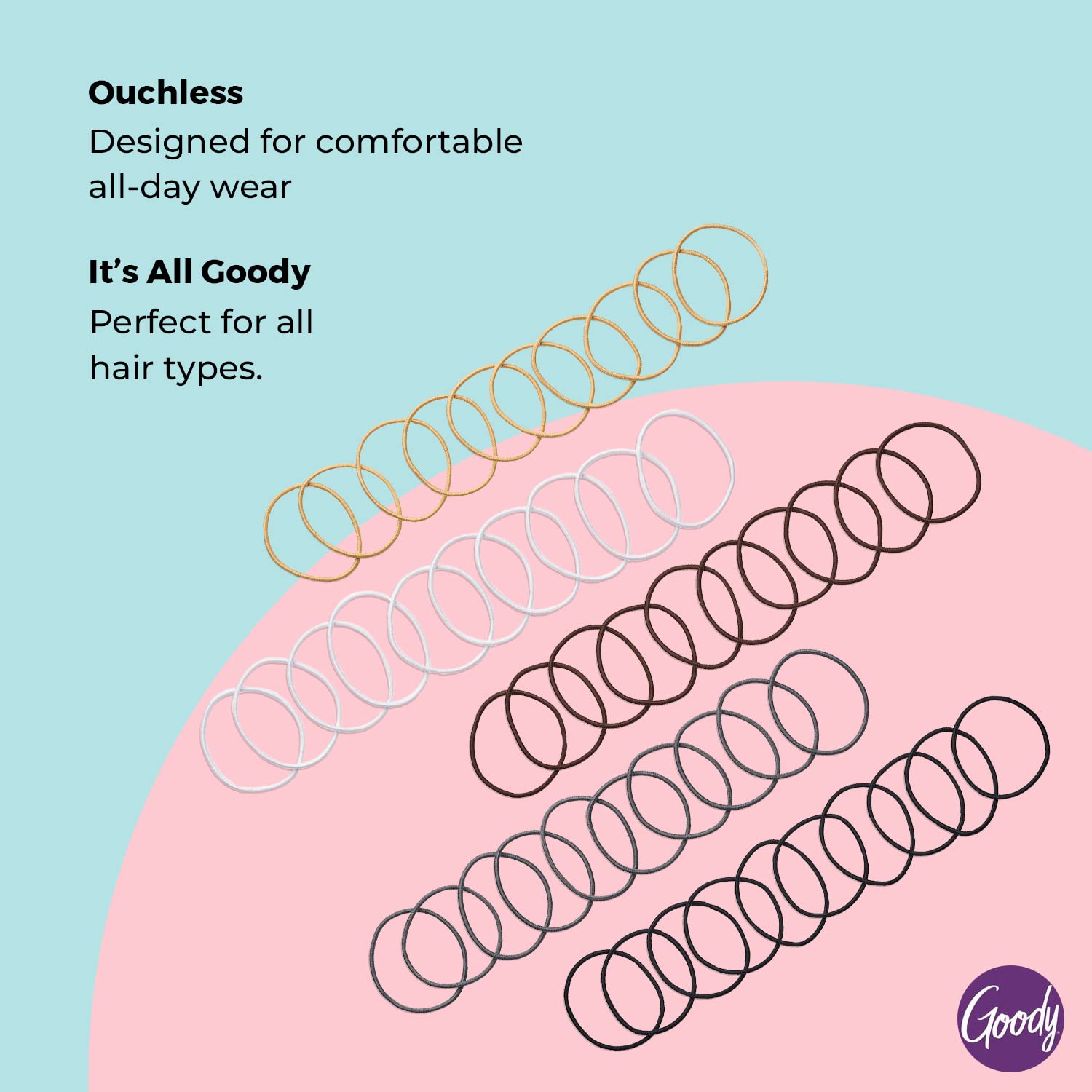 Assorted neutral shades of Goody Ouchless ponytail holders spread out on a clean background.