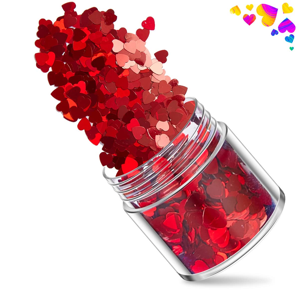 Close up of red heart shaped nail art glitter flakes