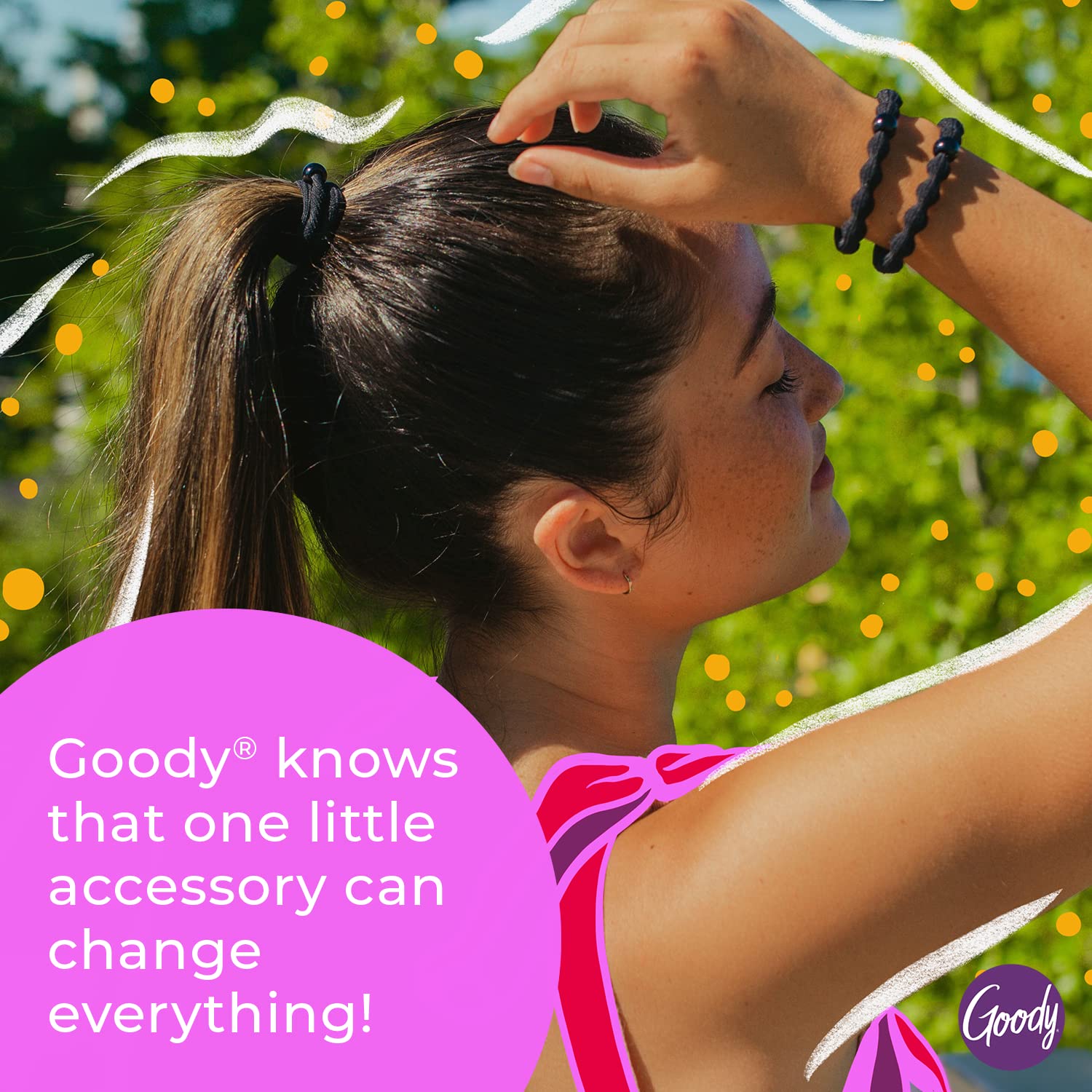 Goody Ouchless metal free elastics demonstrating the strong stretch core capabilities.