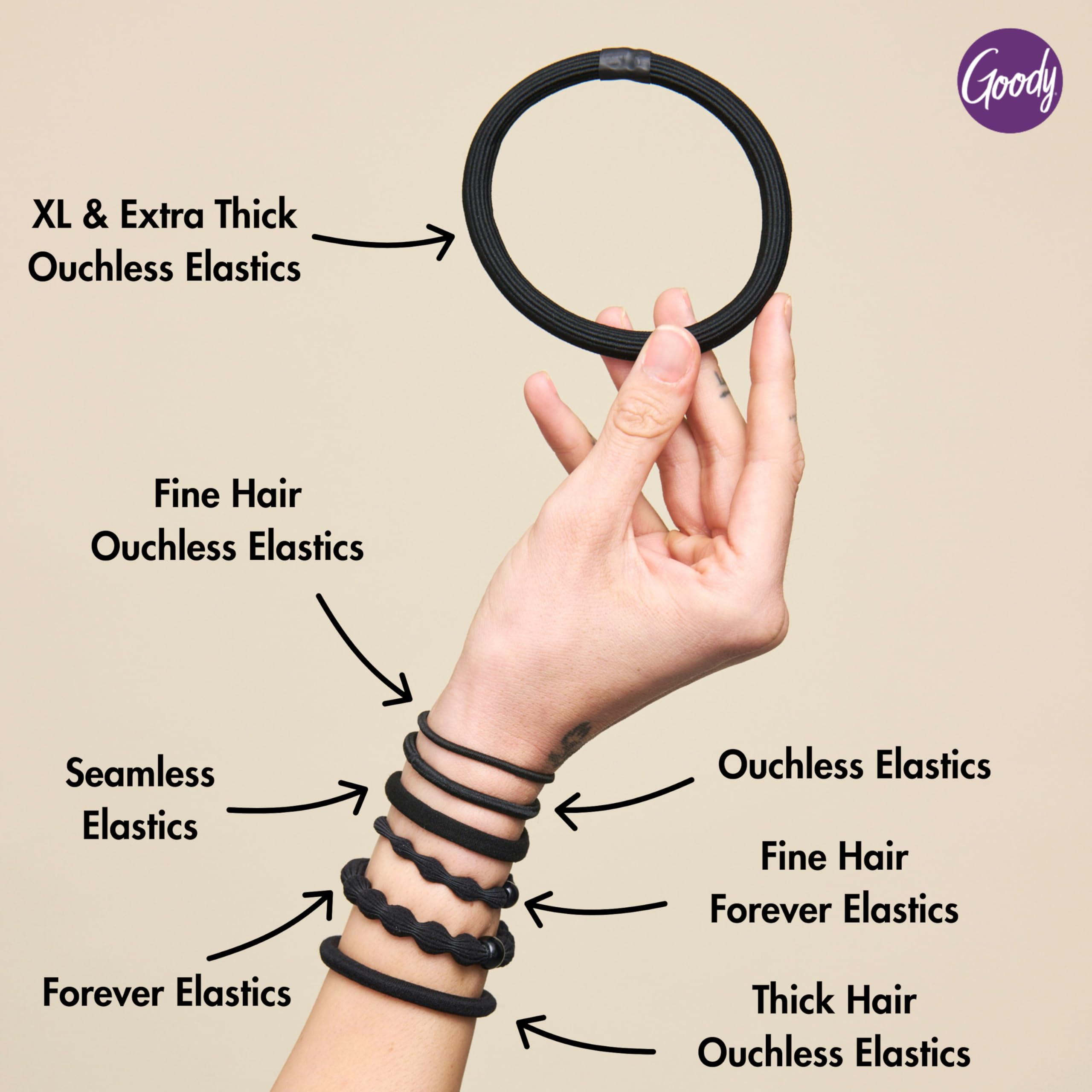 Back label of Goody Ouchless fine hair elastics showing product dimensions and details.