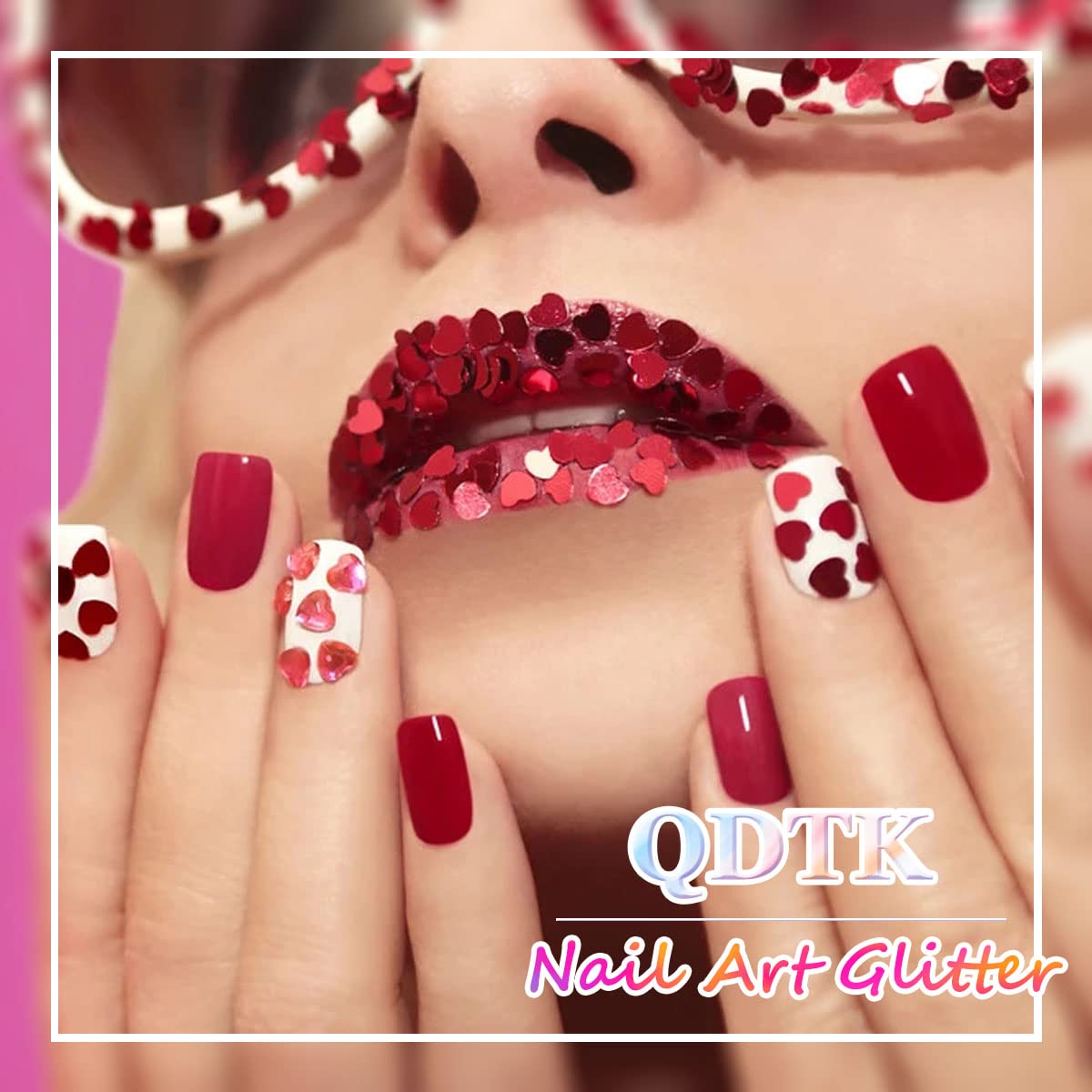Professional nail art design using heart shaped confetti flakes