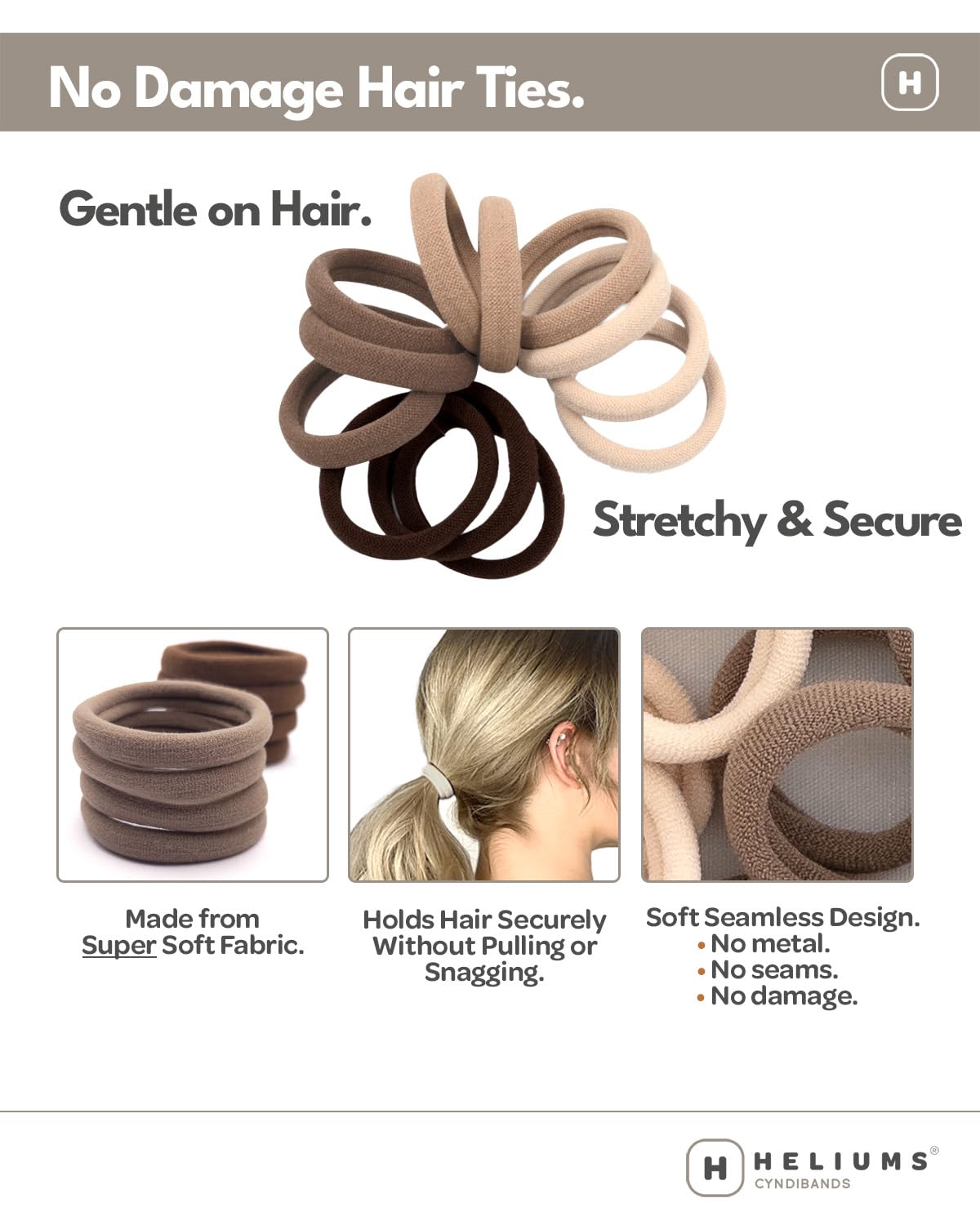Close up of Heliums seamless ponytail holders in assorted beige and brown colors.