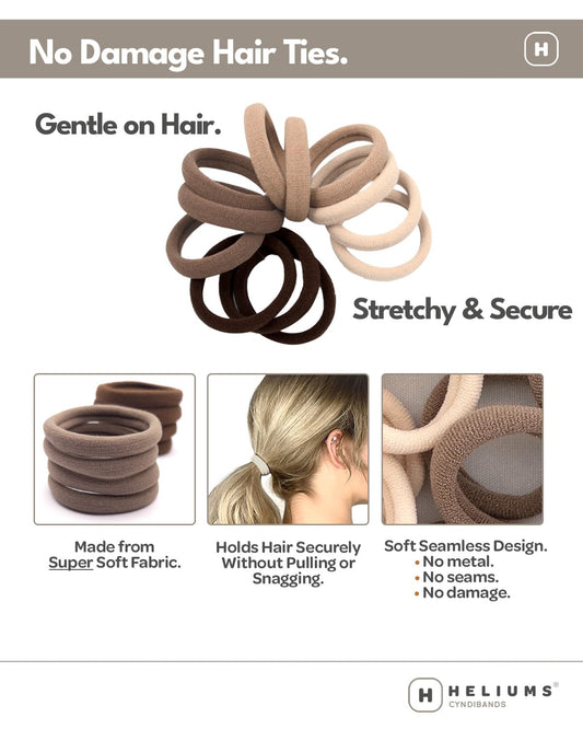 Close up of Heliums seamless ponytail holders in assorted beige and brown colors.