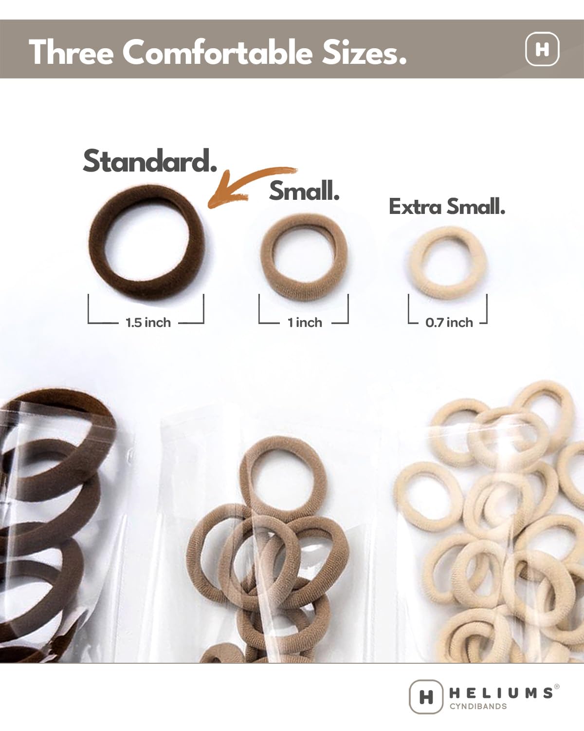 Side angle view of the twenty pack Heliums soft nylon hair ties packaging.