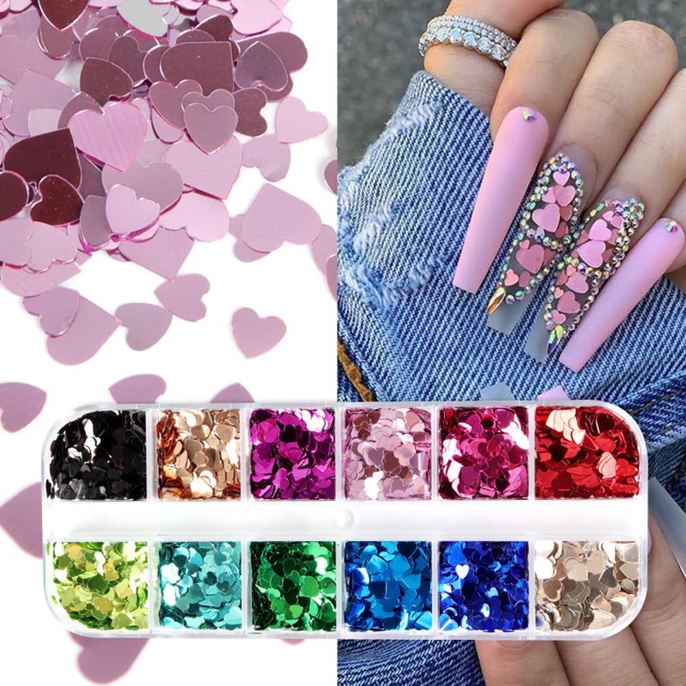 Close up of holographic heart nail art flakes