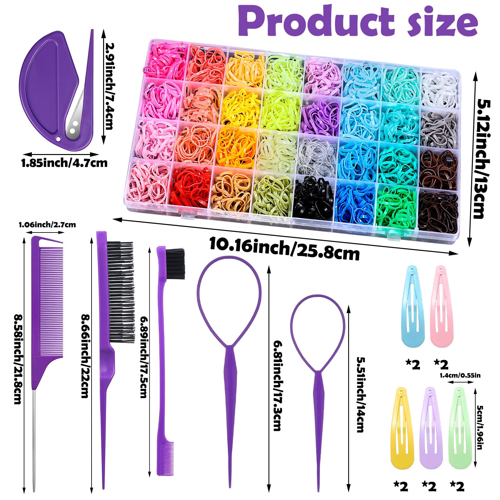 Auroray 2000 pieces elastic hair ties with 16 styling tools displayed neatly on a flat surface.
