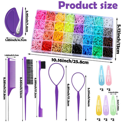 Auroray 2000 pieces elastic hair ties with 16 styling tools displayed neatly on a flat surface.