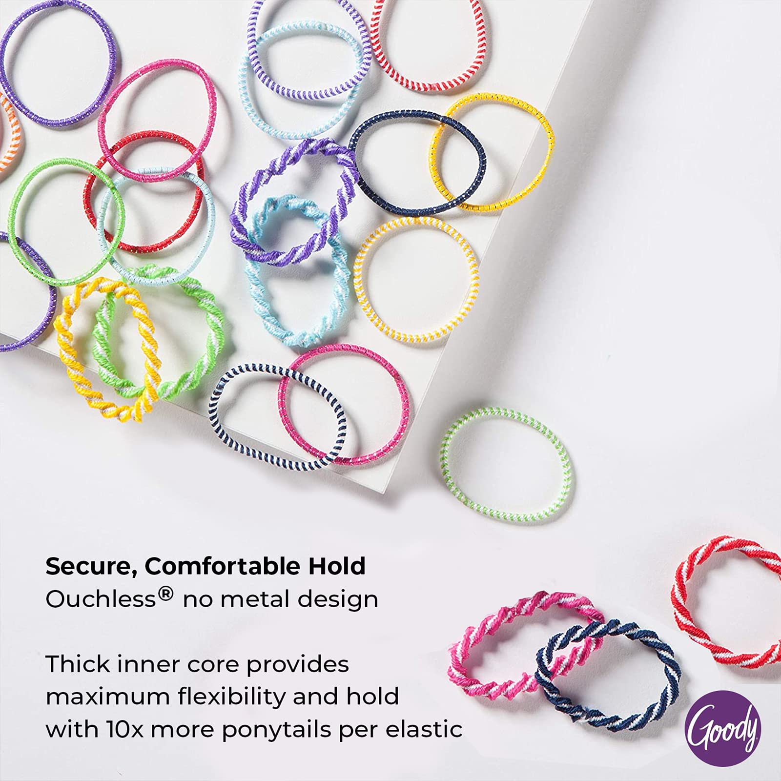 Goody Kids hair accessories display demonstrating the flexible stretch and soft braided fabric texture.